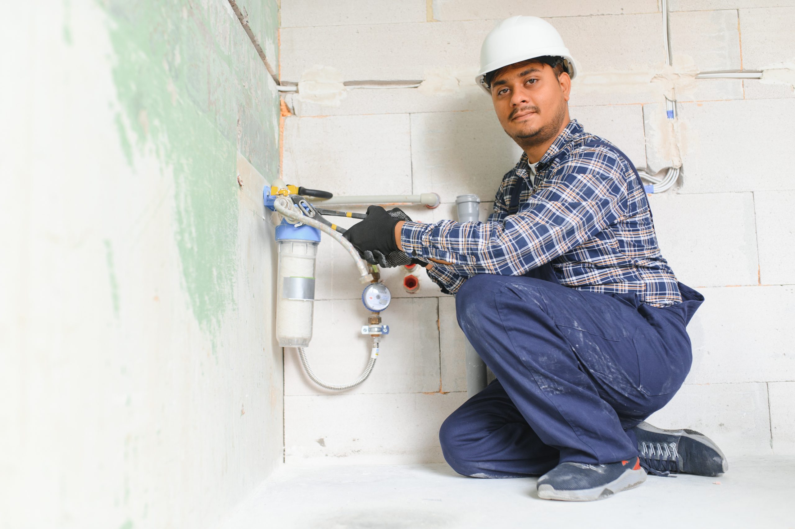 Indian Plumber Installing Water Equipment Meter, Filter And Pressure Reducer